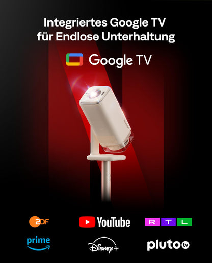Aurzen Boom Air Mini Beamer mit Google TV, Full HD, USB-C, Cremeweiss