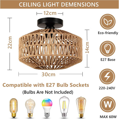 Rayofly Deckenleuchte Rattan Boho HLF26 mit handgeflochtenem Schirm