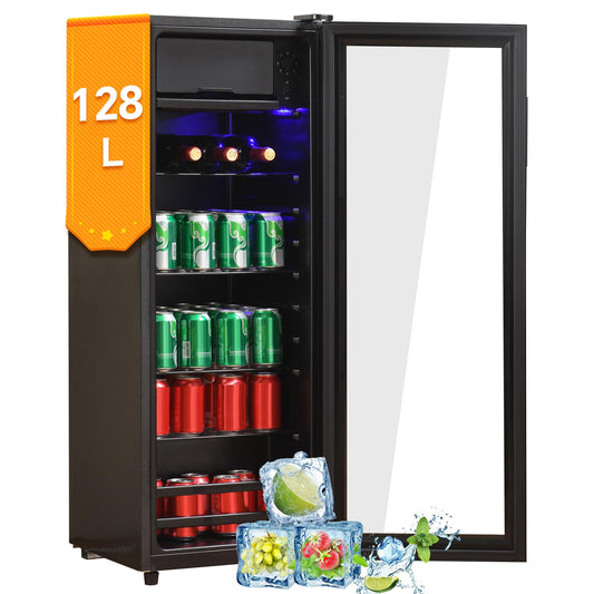 DRIXNO Kühl-Gefrierschrank 120L Kühlteil / 8L Gefrierteil. Weißes Gerät kühlt und gefriert Lebensmittel.