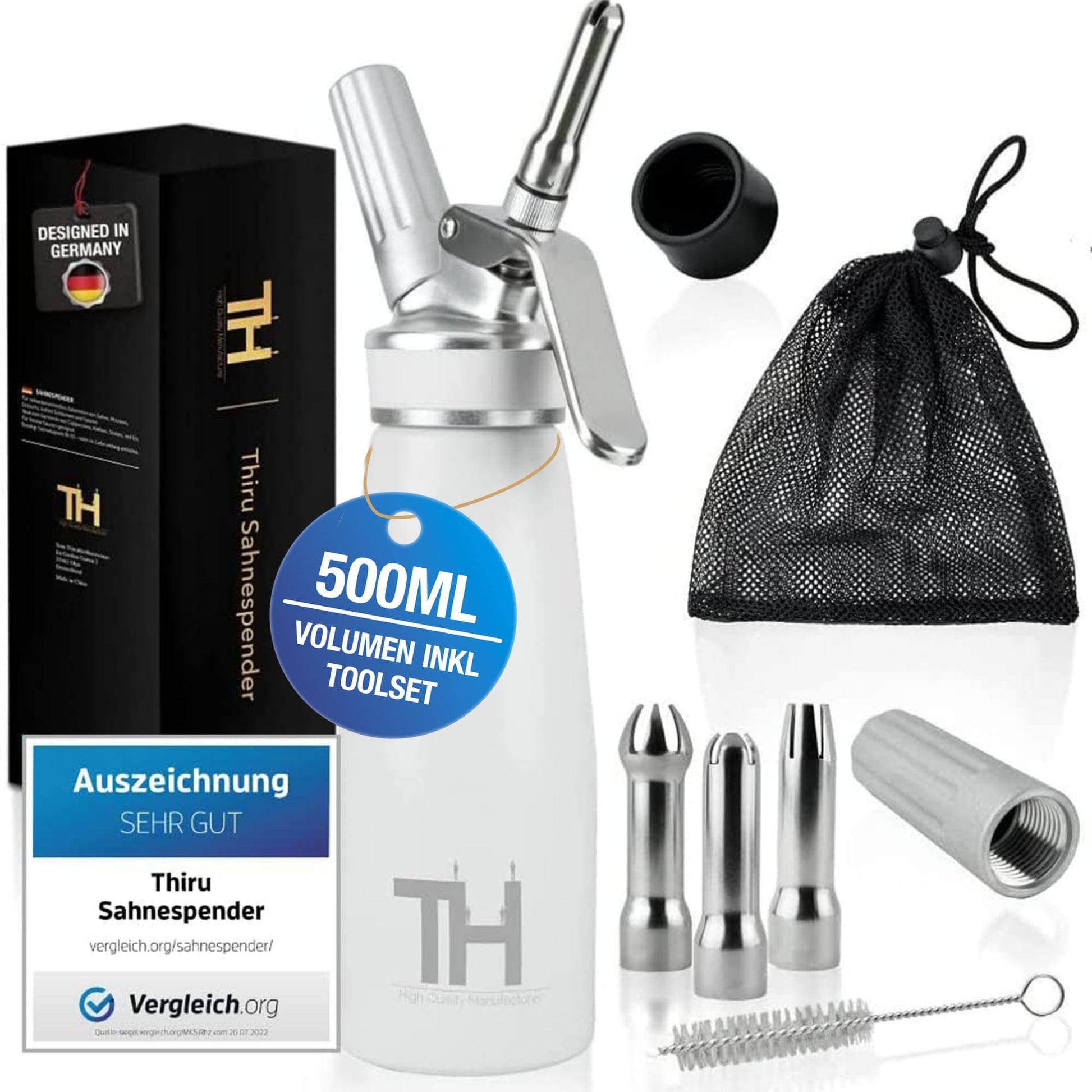 Thiru Sahnespender 500 ml mit 3 Edelstahltüllen, Schneeweiss – Sahnesyphon für Schlagsahne und Espuma