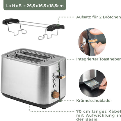 WALDWERK Design Toaster – Edelstahl Eiche mit Brötchenaufsatz 2 Scheiben