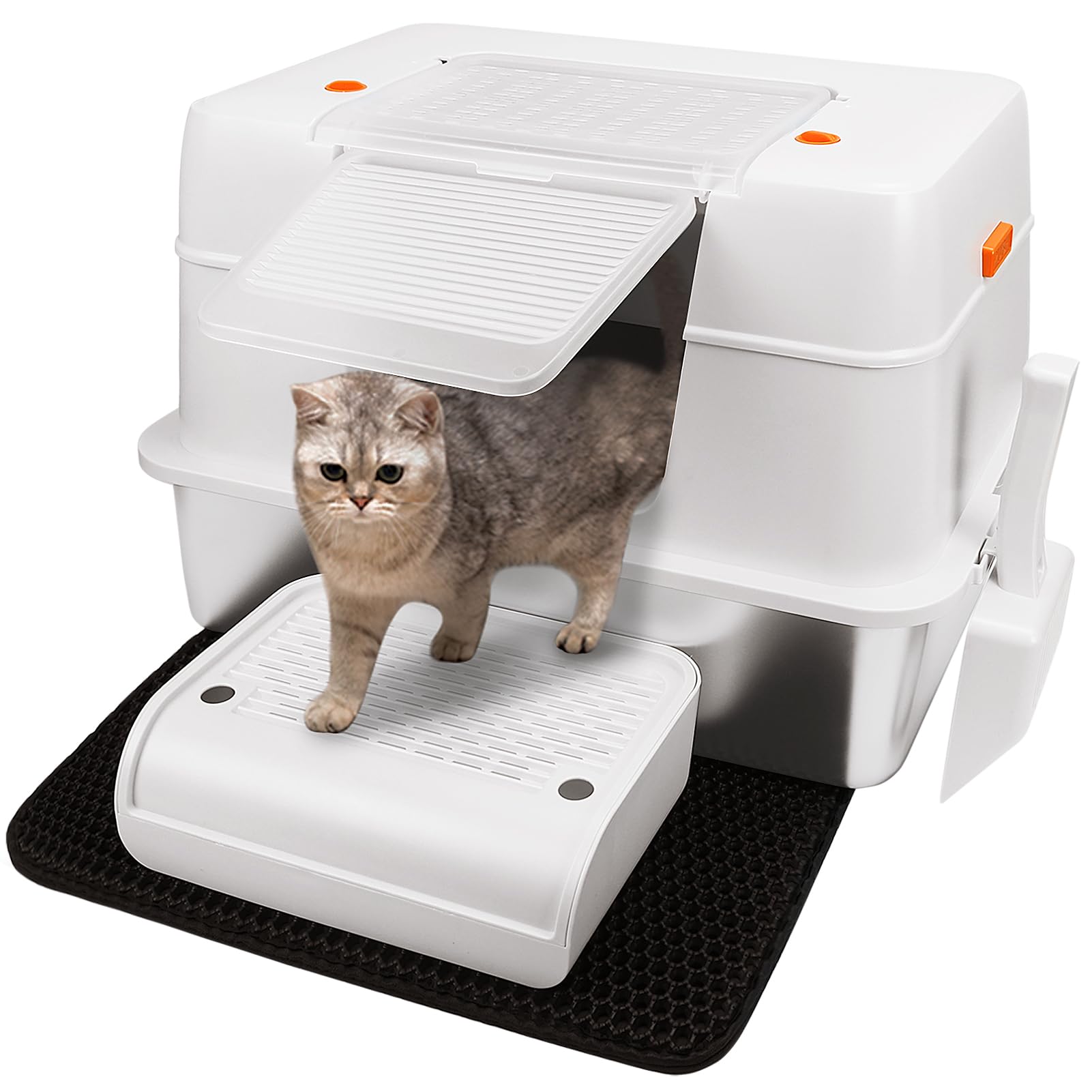 Vivifying Katzenklo Edelstahl mit Deckel, XL Katzentoilette, Beige mit Trittbrett und Streumatte