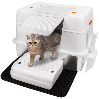 Vivifying Katzenklo Edelstahl mit Deckel, XL Katzentoilette, Beige mit Trittbrett und Streumatte