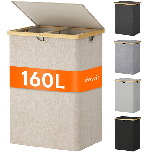 Lifewit Wäschekorb Bambus mit Deckel, 160 L, 2 Fächer, beige – Wäschesortierer mit zwei Bambusgriffen