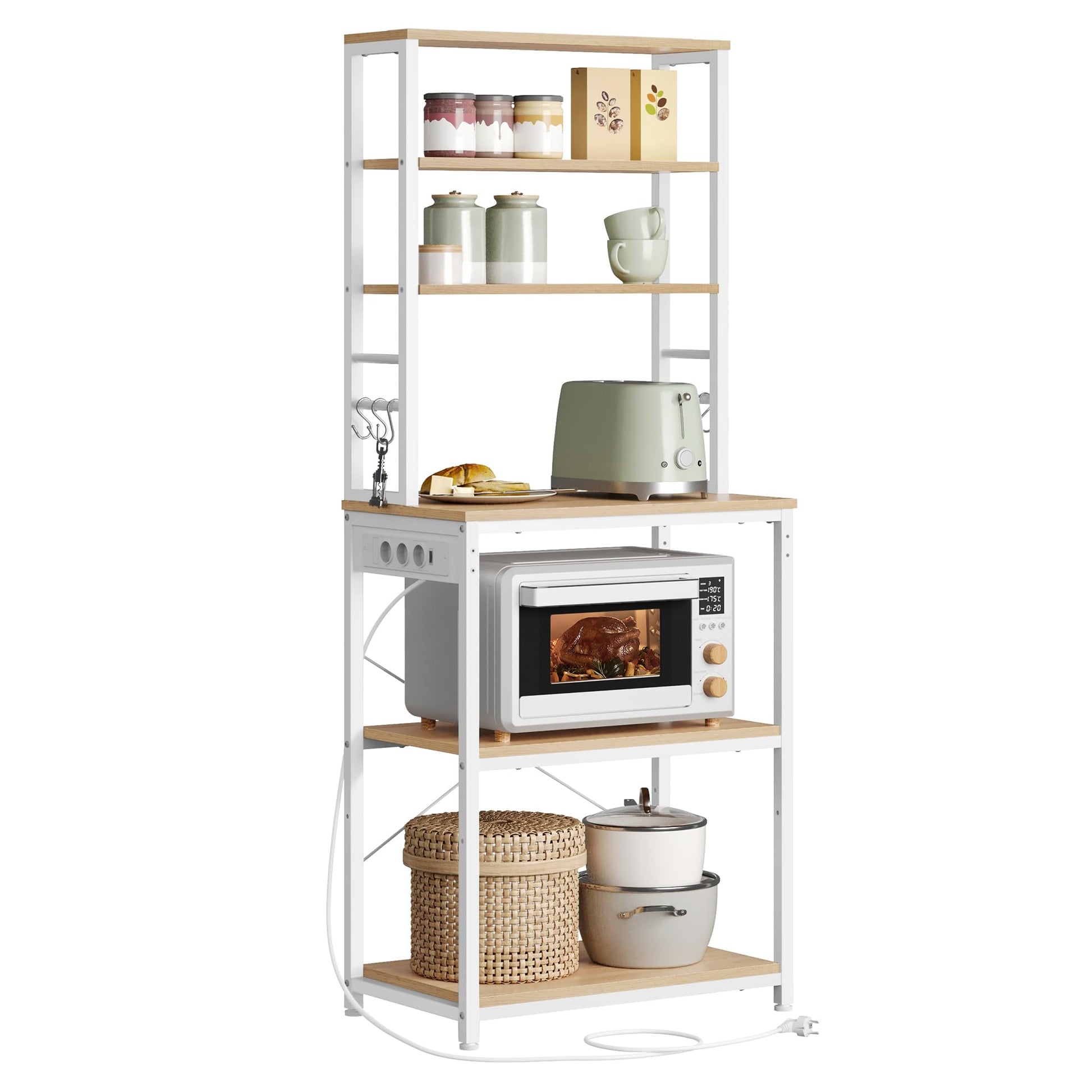 VASAGLE Küchenregal KKS124Y01 mit Steckdosen – Goldeiche/Weiss. Rechteckig, Goldeiche/Weiß. Stauraum & Stromversorgung für Küchengeräte.