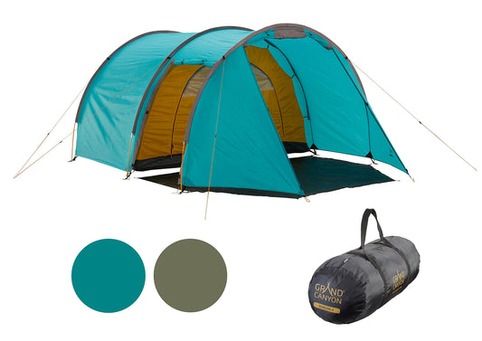 Grand Canyon Robson Tunnelzelt – 4 Personen, Blue Grass: Blaugrünes Tunnelzelt. Schutz & Schlafplatz fürs Outdoor-Camping.