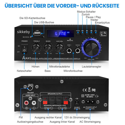 sikkeby AK45 HiFi-Verstärker mit Bluetooth, 2 x 40 W, USB, SD, FM