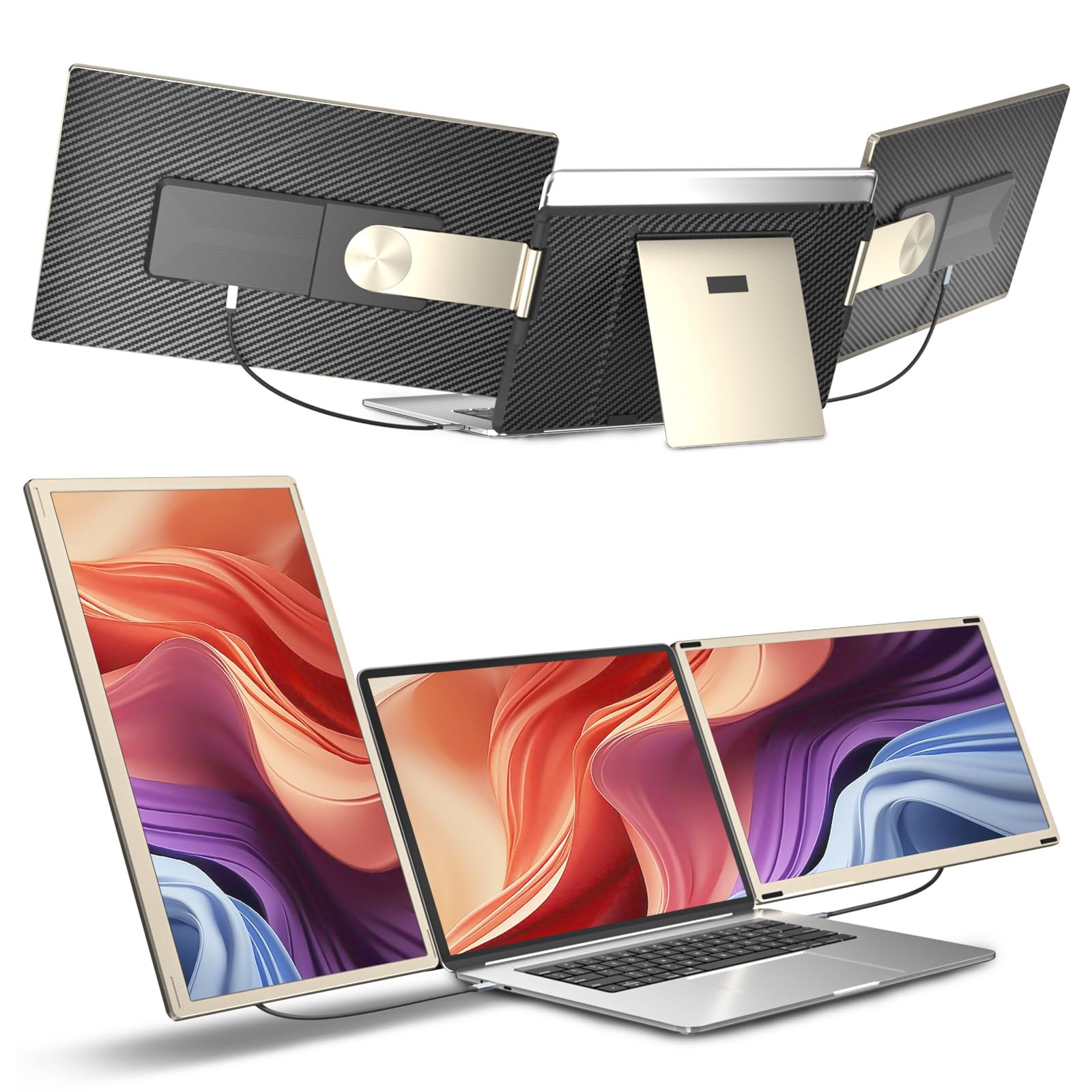 siaviala Mobiler Laptop Extender Triple Monitor 15.6" FHD. Schwarzes, ausklappbares Gerät mit zwei Bildschirmen für Laptop-Erweiterung.