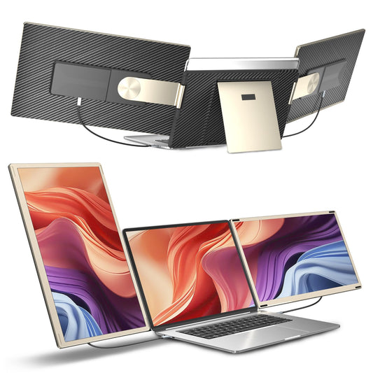 siaviala Mobiler Laptop Extender Triple Monitor 15.6" FHD. Schwarzes, ausklappbares Gerät mit zwei Bildschirmen für Laptop-Erweiterung.