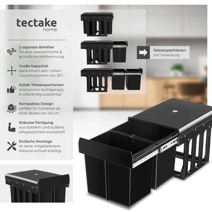 tectake Einbaumülleimer Ashlyn 2 x 15 L, ausziehbar, für Unterschrank