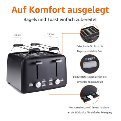 Amazon Basics 4-Scheiben Toaster, 1500 W, 7 Bräunungsstufen, Schwarz