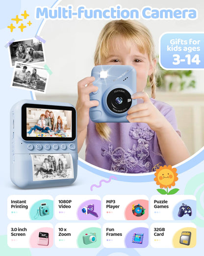 TIATUA Kinderkamera Sofortbildkamera 48MP mit 32 GB Karte, Blau
