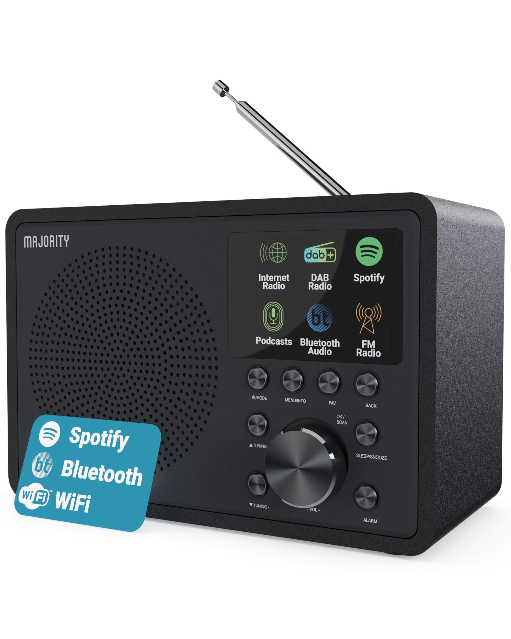 MAJORITY Touro Digitalradio Internetradio WLAN DAB+ Bluetooth. Schwarzes Rechteck. Spielt DAB+, Internetradio & Bluetooth-Audio.