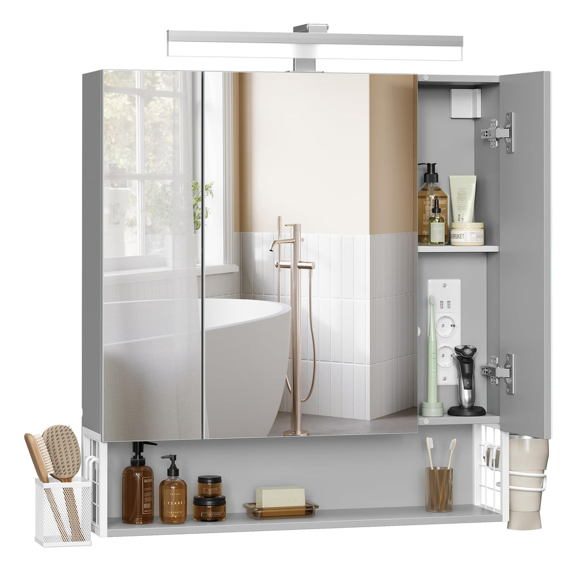 VASAGLE Spiegelschrank BBK126G01 mit LED & Steckdosen –