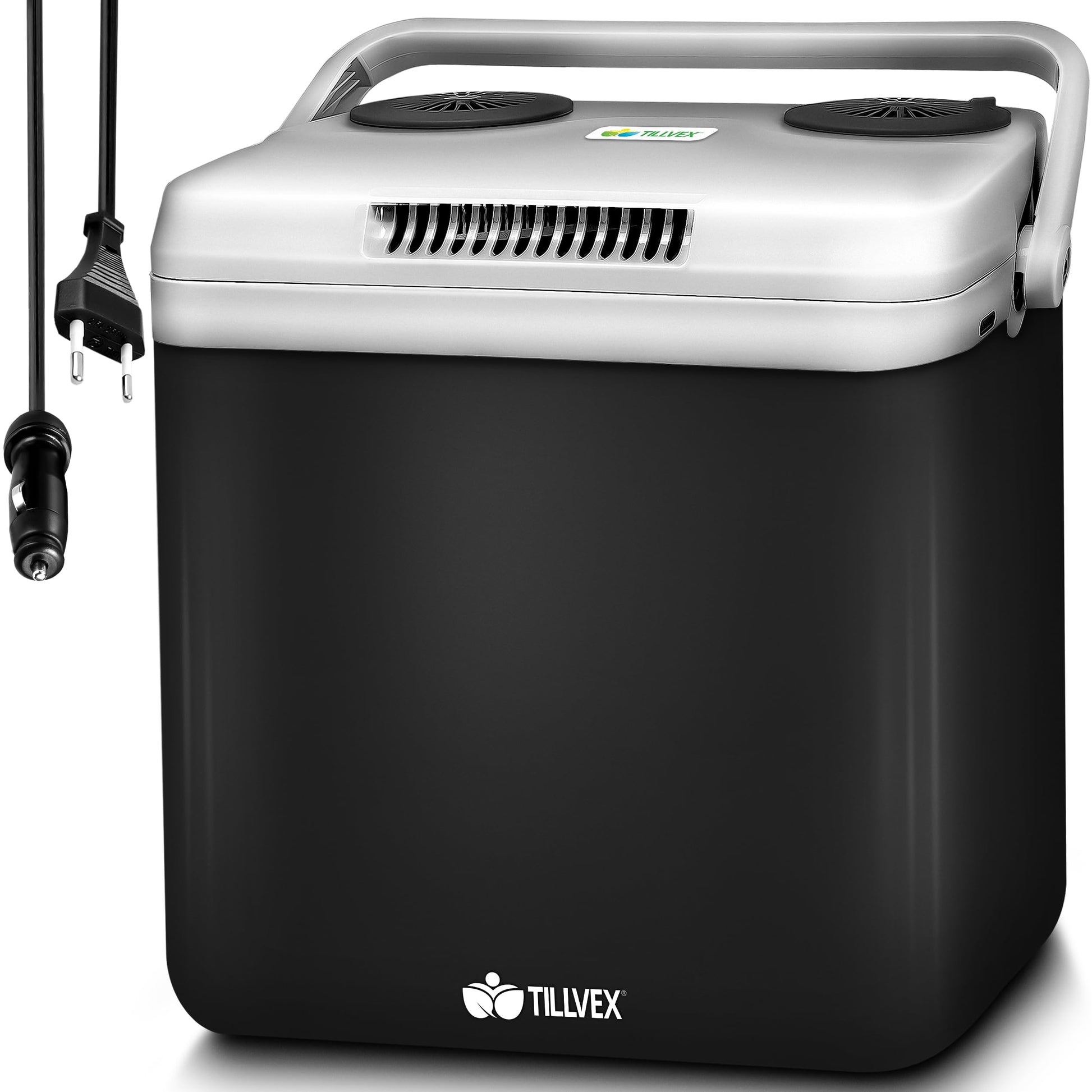 tillvex Kühl- & Wärmebox 32L – 230V/12V für Auto/Camping, Anthrazit. Rechteckige anthrazitfarbene Thermobox.