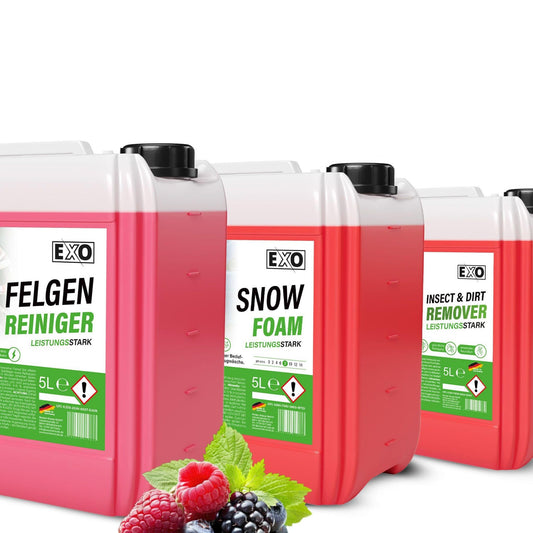 EXO TRIO Reinigungs-Set Nachfüllpack – Felgen, Insekten, Snow Foam: Drei Reiniger-Gebinde für Felgen, Insekten, Snow Foam.