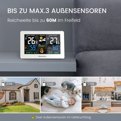 Newentor Wetterstation Funk - mit 2 Aussensensoren DCF weiss