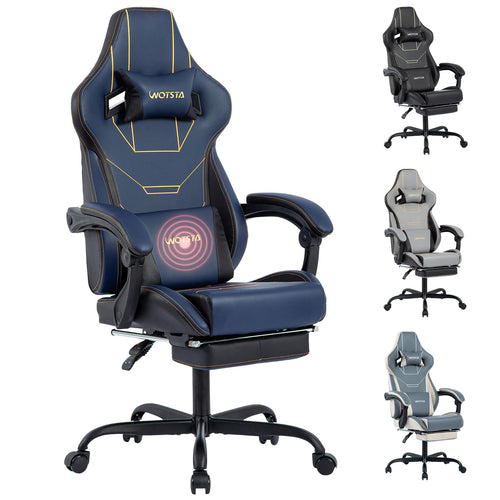 WOTSTA Gaming Stuhl Ergonomisch mit Fussstütze - Blau, hochlehniger Stuhl in Blau mit Fußstütze für ergonomisches Gaming.