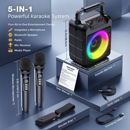 Dislocati Karaoke Maschine mit 2 Funkmikrofonen, 20W, Bluetooth 5.3