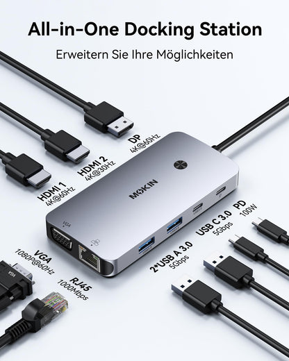 MOKiN USB-C Docking Station 9-in-1 mit Dual HDMI 4K, DisplayPort, VGA