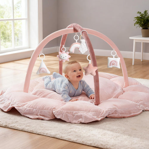 Mallify 5-in-1 Baby-Spielbogen mit Spieldecke und 6 Spielzeugen, rosa – weiche Liegefläche aus Plüsch und Baumwolle