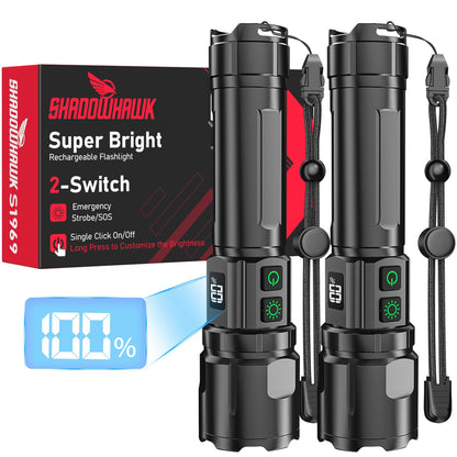 Shadowhawk S1969 LED-Taschenlampe, aufladbar, 500000 Lumen, 2er-Set aus Aluminium mit LCD-Display