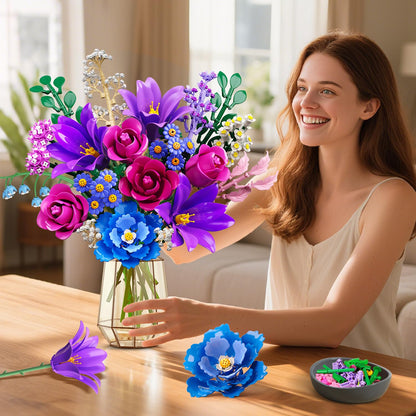 CUBIMANA Blumenstrauss Klemmbausteine mit LED-Licht, 21 Blumen, lila