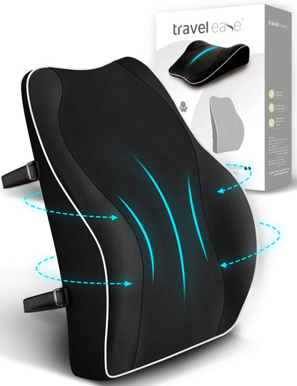 Travel Ease Ergonomisches Lendenkissen aus Memory Foam, schwarz, mit zwei verstellbaren Riemen zur Befestigung am Stuhl