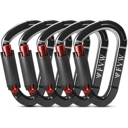 RIGINADO Kletterkarabiner 25 kN Twistlock, 5 Stück, Aluminium, schwarz, D-förmig, für Klettern und Hängematte