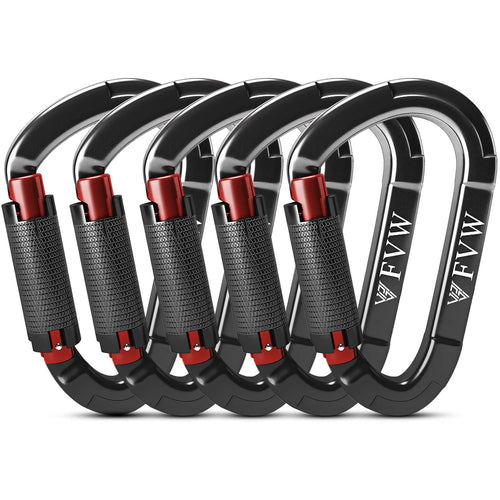 RIGINADO Kletterkarabiner 25 kN Twistlock, 5 Stück, Aluminium, schwarz, D-förmig, für Klettern und Hängematte