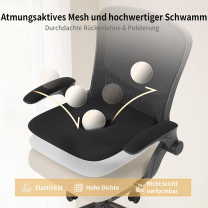 naspaluro Ergonomischer Bürostuhl - Mesh Schwarz, Armlehnen klappbar