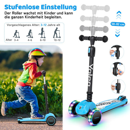 YOLEO Kinderroller Dreiradscooter mit Leuchträdern, faltbar, blau