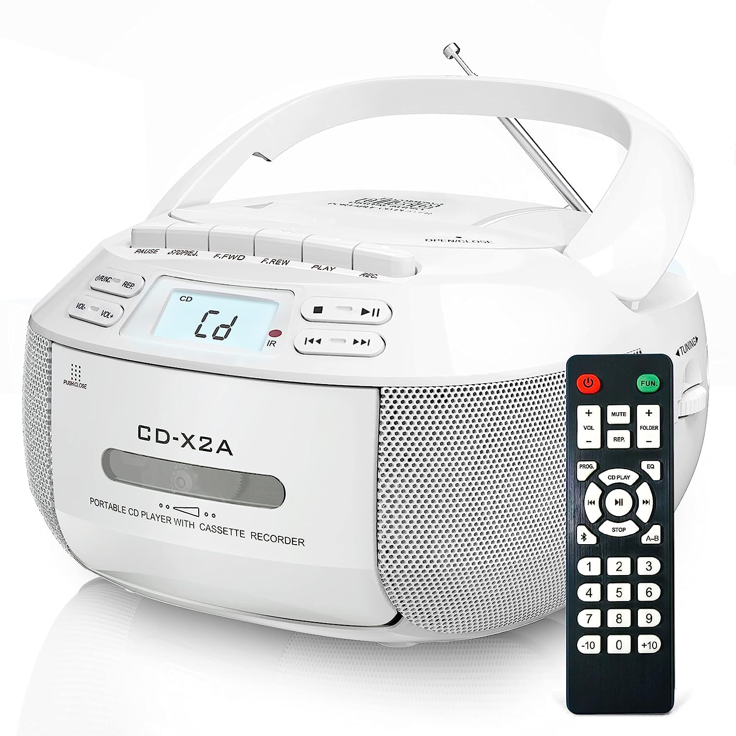 Greadio Boombox CD/Kassettenspieler Bluetooth FM Radio – Weiss. Weißer, kompakter Audio-Player zur Audio-Wiedergabe.