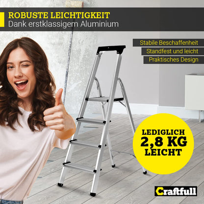 CRAFTFULL CF-133B Alu Klappleiter mit Ablage – 4 Stufen Haushaltsleiter