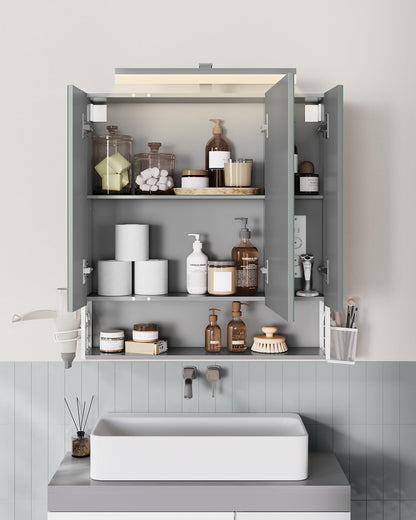 VASAGLE Spiegelschrank LED Steckdosen wolkenweiss-Taubengrau BBK126G01