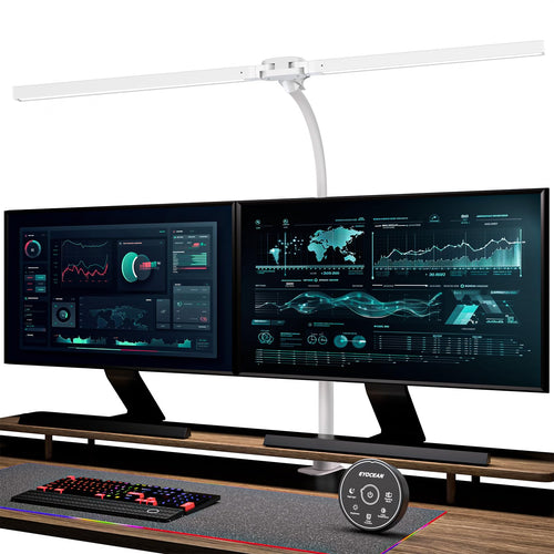 EYOCEAN Doppelkopf Schreibtischlampe Klemmbar - Mattweiss. Klemmbare, mattweiße Lampe mit zwei Köpfen für gleichmäßige Arbeitsflächenbeleuchtung.