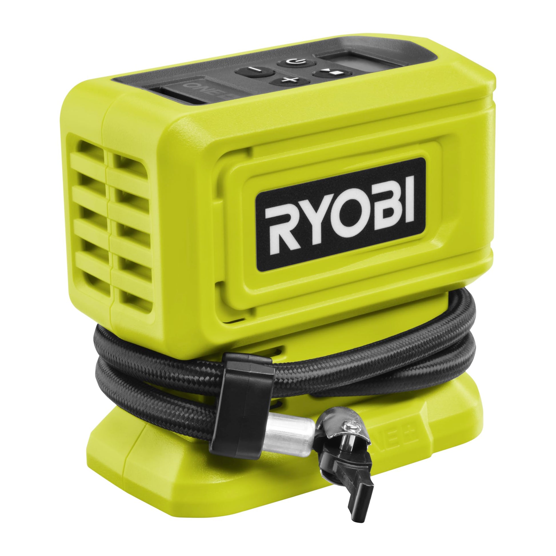 RYOBI 18V ONE+ Akku-Mini-Kompressor RPI18-0, 11 bar ohne Akku. Grün-schwarzer Kompressor pumpt Reifen/Bälle bis 11 bar.