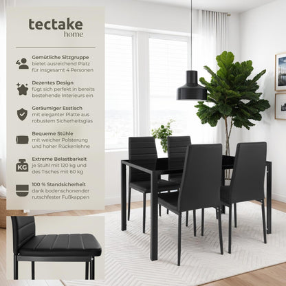 tectake Essgruppe Esstisch & 4 Stühle Kunstleder – Schwarz