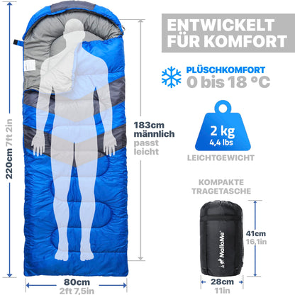 MalloMe Camping Schlafsack für Erwachsene und Kinder, blau, 0–25 °C