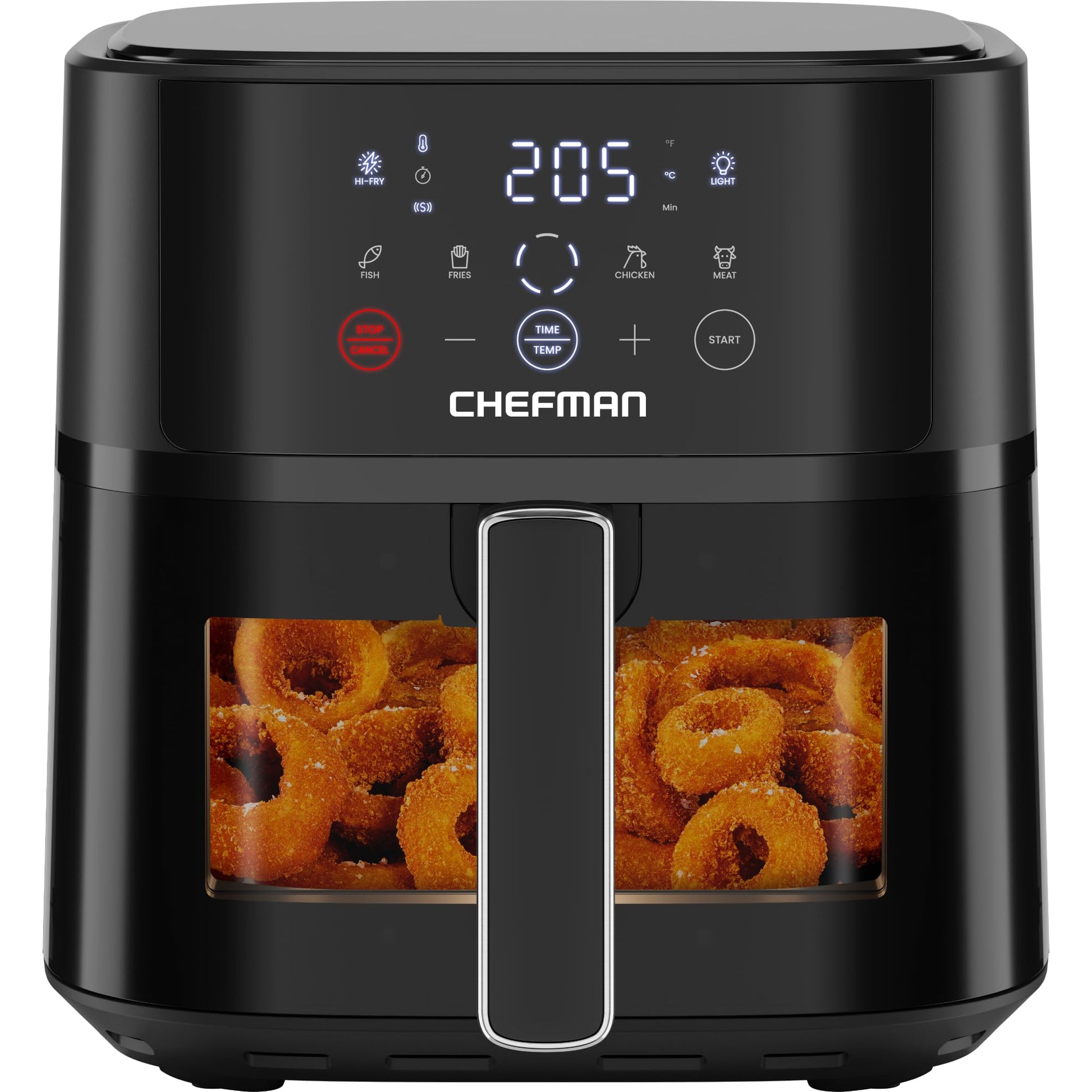Chefman Heissluftfritteuse 5.7L Hi-Fry mit Sichtfenster – Schwarz. Schwarze Fritteuse mit Sichtfenster für fettarmes Frittieren, Backen & Rösten.