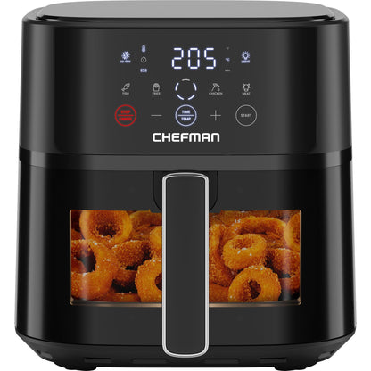 Chefman Heissluftfritteuse 5.7L Hi-Fry mit Sichtfenster – Schwarz. Schwarze Fritteuse mit Sichtfenster für fettarmes Frittieren, Backen & Rösten.