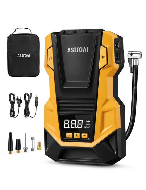 AstroAI Luftpumpe Auto 12V 230V, Kompressor 10,3 bar mit LCD-Display, gelb, für Autoreifen und Bälle