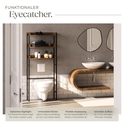 tectake Badezimmerregal mit 3 Ablagen, Industrial Design, dunkelbraun