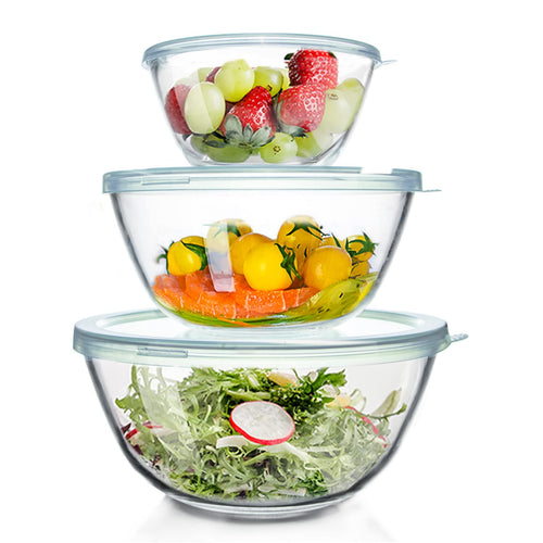 WhiteRhino Rührschüssel Glas 3er-Set mit Deckel, 1,1L, 2,6L, 4,3L, rundes Borosilikatglas mit luftdichtem PP-Deckel