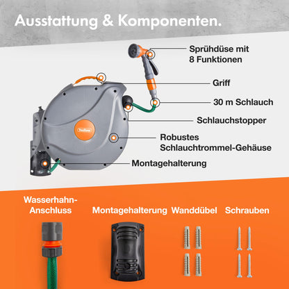 VonHaus Schlauchtrommel 30 m, automatischer Wand-Schlauchaufroller