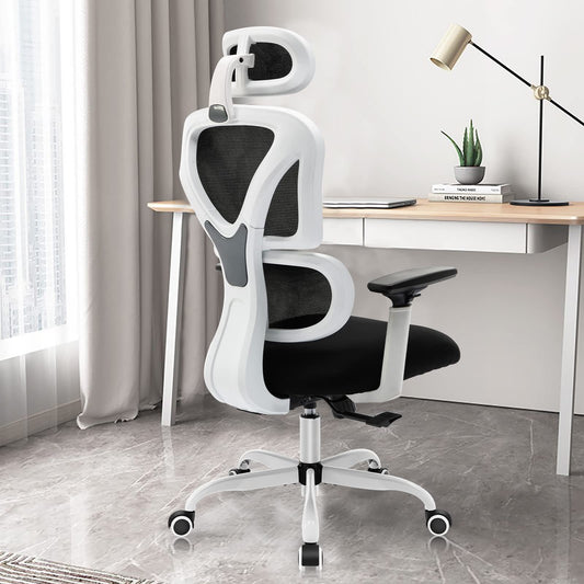 KERDOM Ergonomischer Bürostuhl Weiss, mit Armlehnen. Für ergonomische Büroarbeit bis 150 kg belastbar.