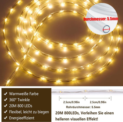 StarryEver LED Lichterschlauch 20 m, 800 LEDs, warmweiss, IP68