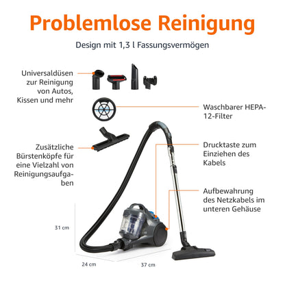 Amazon Basics Bodenstaubsauger ohne Beutel 1.3L Kompakt Grau