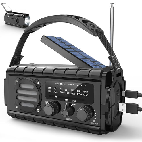 MILFECH Solar Kurbelradio 20000mAh, AM/FM Notfallradio, LED-Lampe in Schwarz mit ausziehbarer Antenne