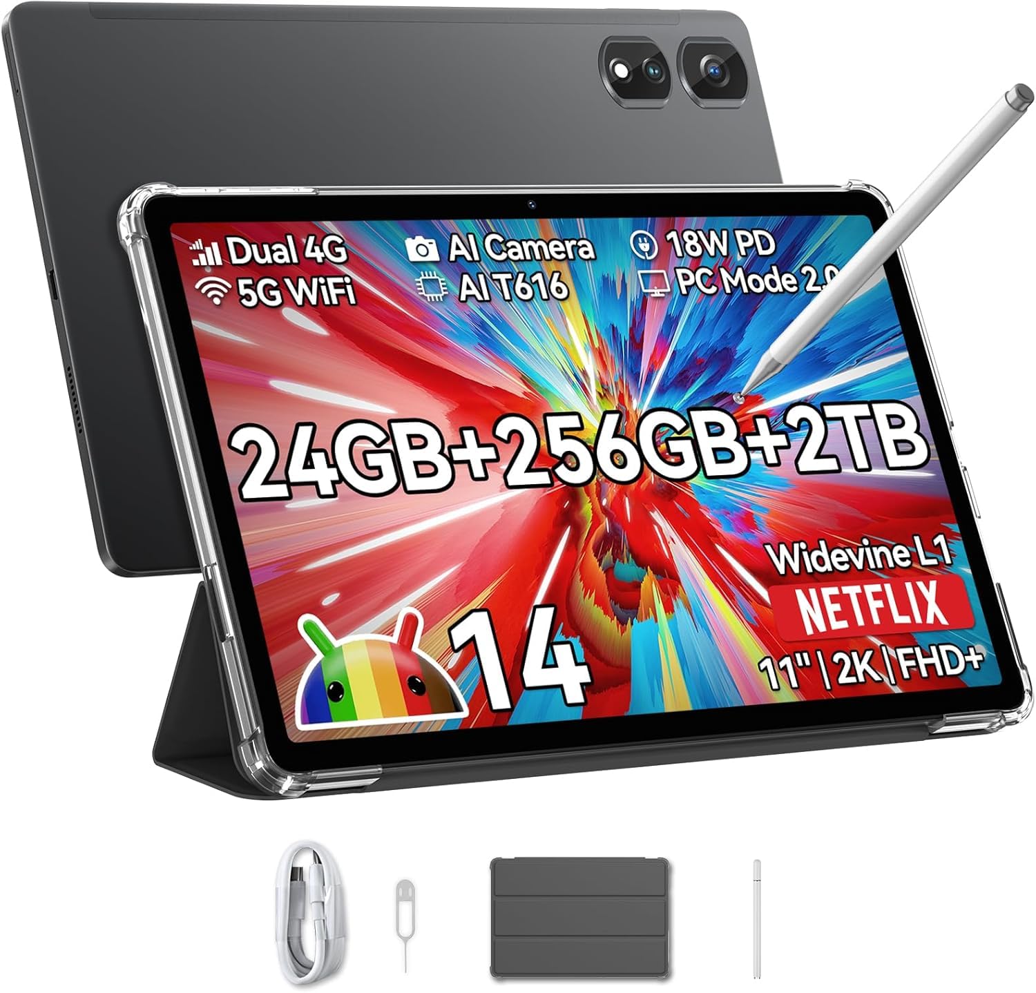 Blackview Tab16Pro Tablet. Schwarzes 11-Zoll-Tablet mit 4G LTE für mobile Nutzung & Stift-Eingaben. Inkl. Hülle.